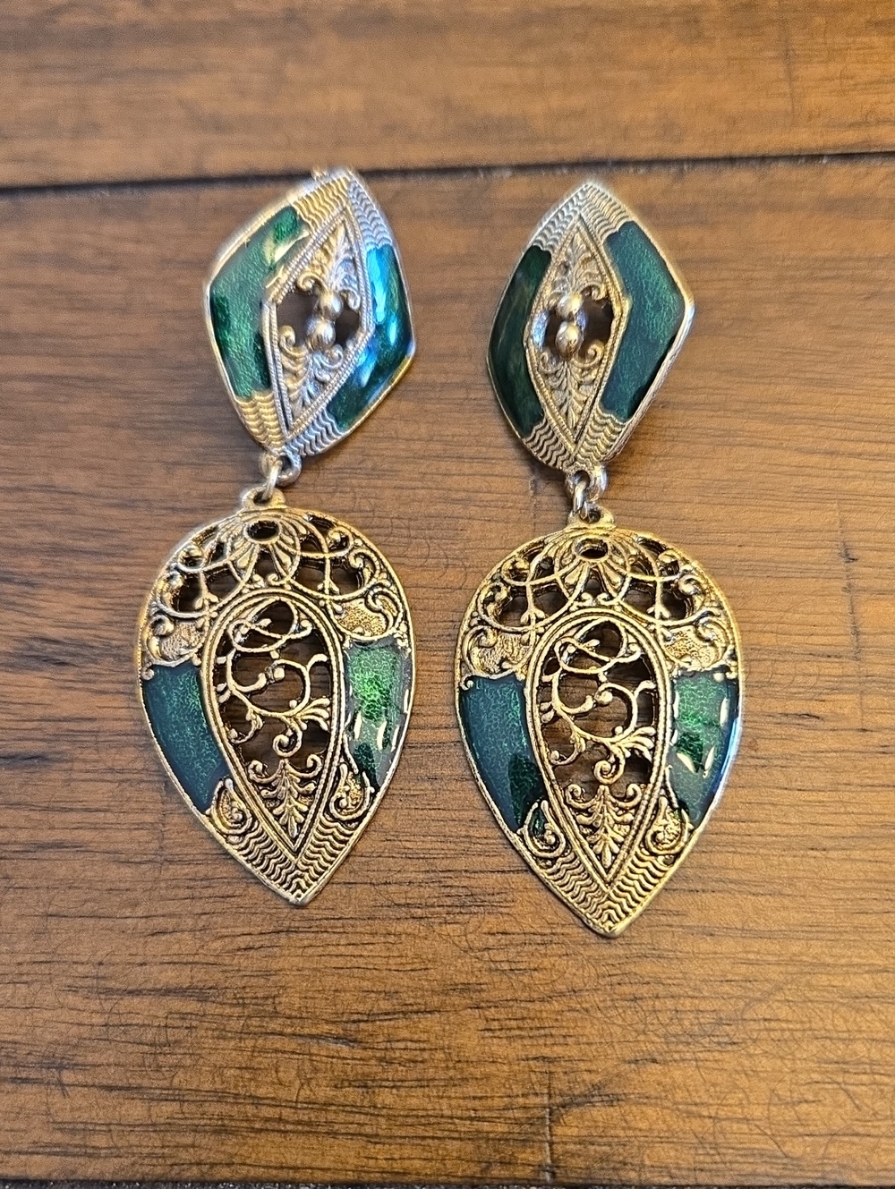 Gold Filigree Drop Earrings with Emerald Green Enamel